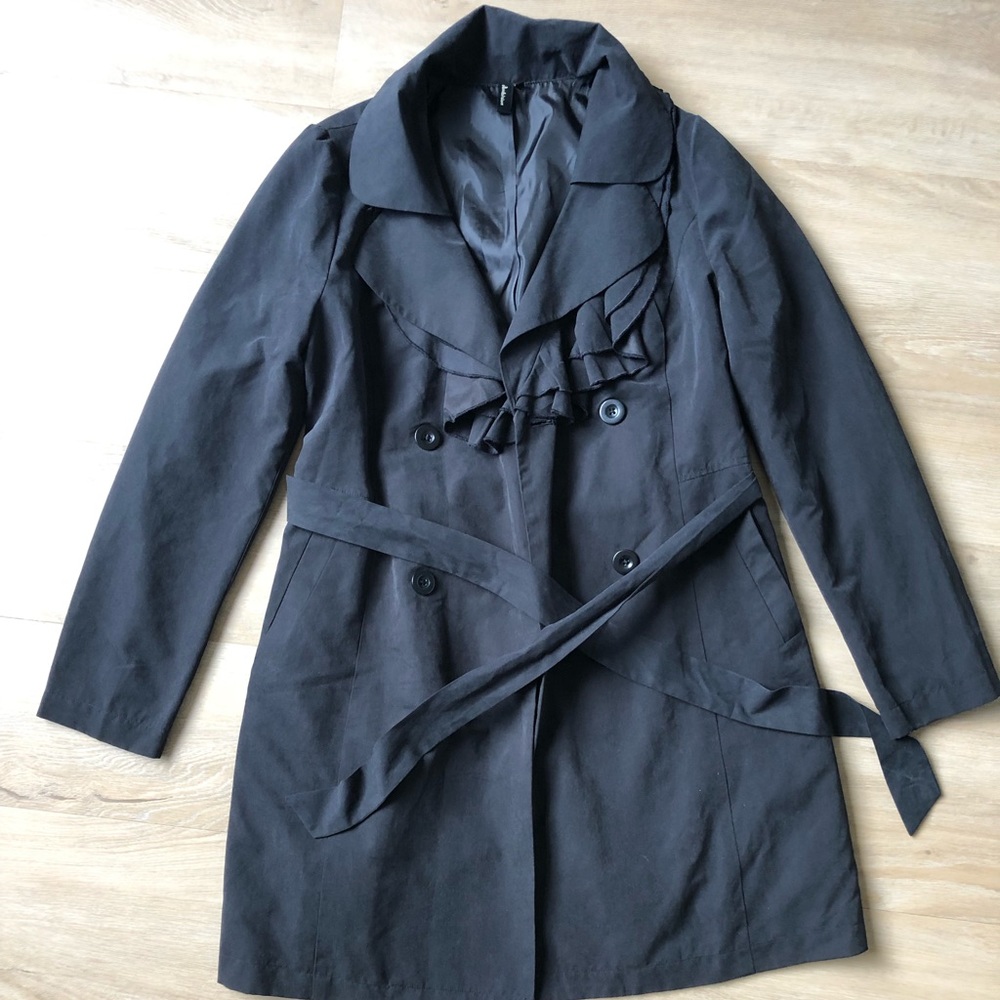 Black microsuede feel trench coat with belt